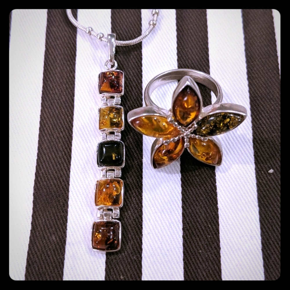 Sterling silver Amber stone ring and matching